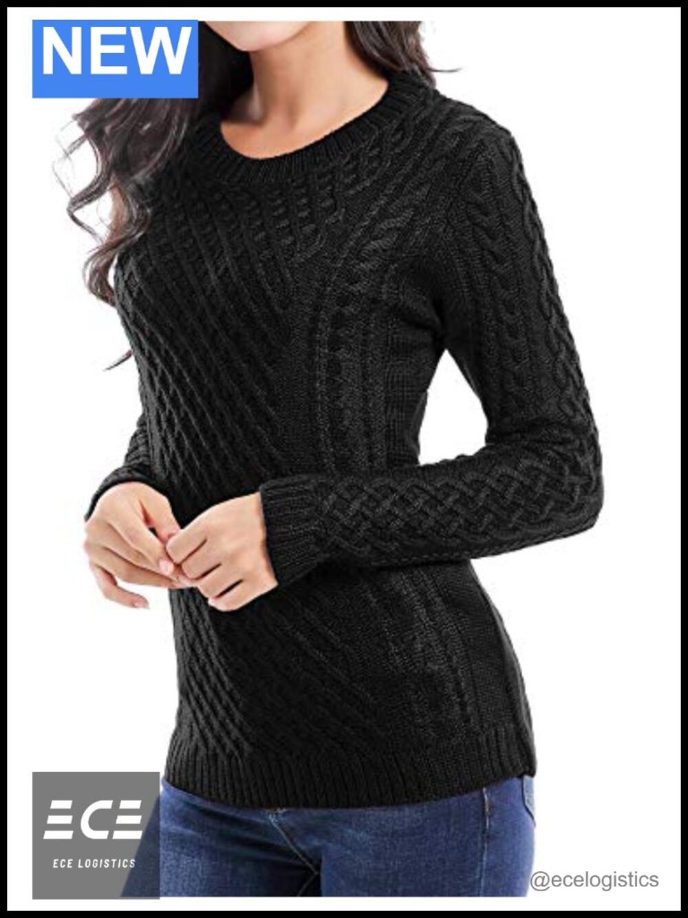 Women Long Sleeve Cable Knit Crew Neck Pullover Sweater Jumper